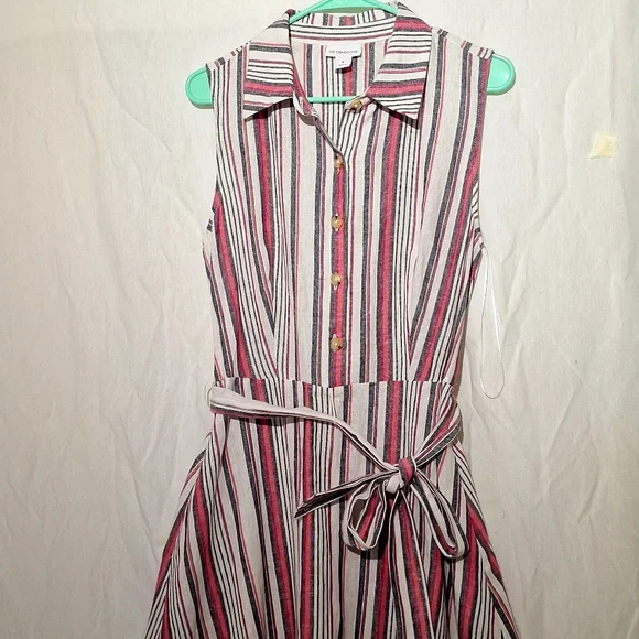 Linen Midi Dress, Striped, Sleeveless, Flared Skirting, Tie Belt, NWOT - Picture 5 of 13